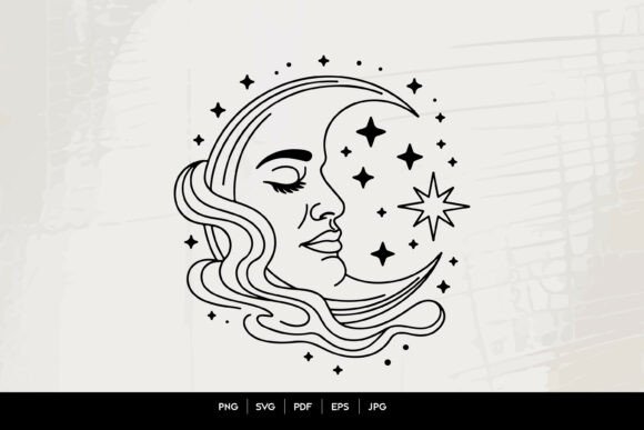 Download Celestial Moon Face Line Art SVG - Premium Resources