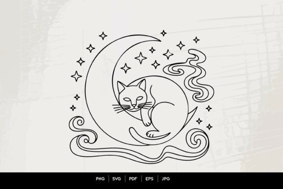 Download Celestial Sleeping Cat Moon Line Art SVG - Premium Bundle