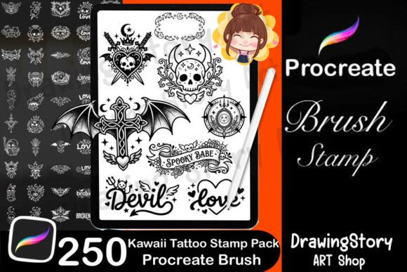 Download 250 Kawaii Tattoo Stamps for Procreate - Tattoo Collection